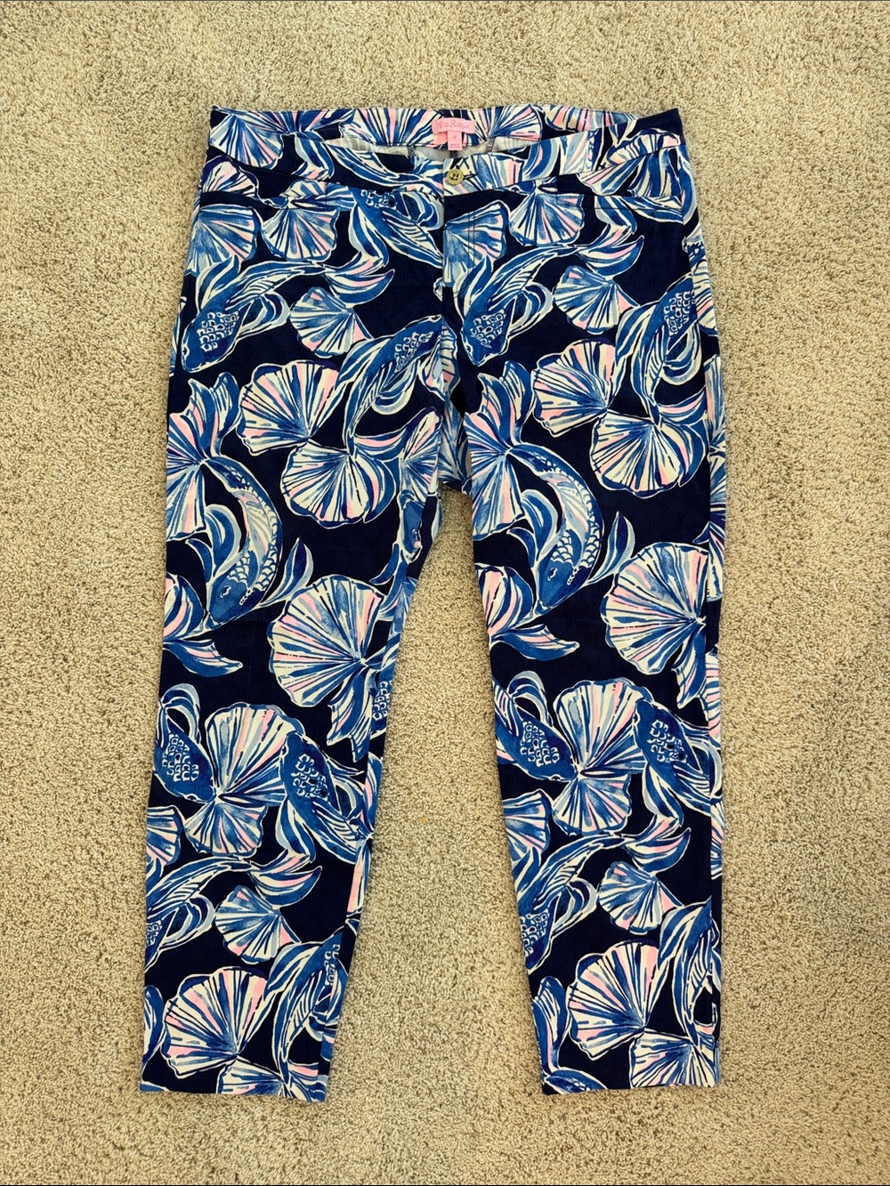 Lilly Pulitzer Navy Floral Capri Pants with Blue & Pink Print